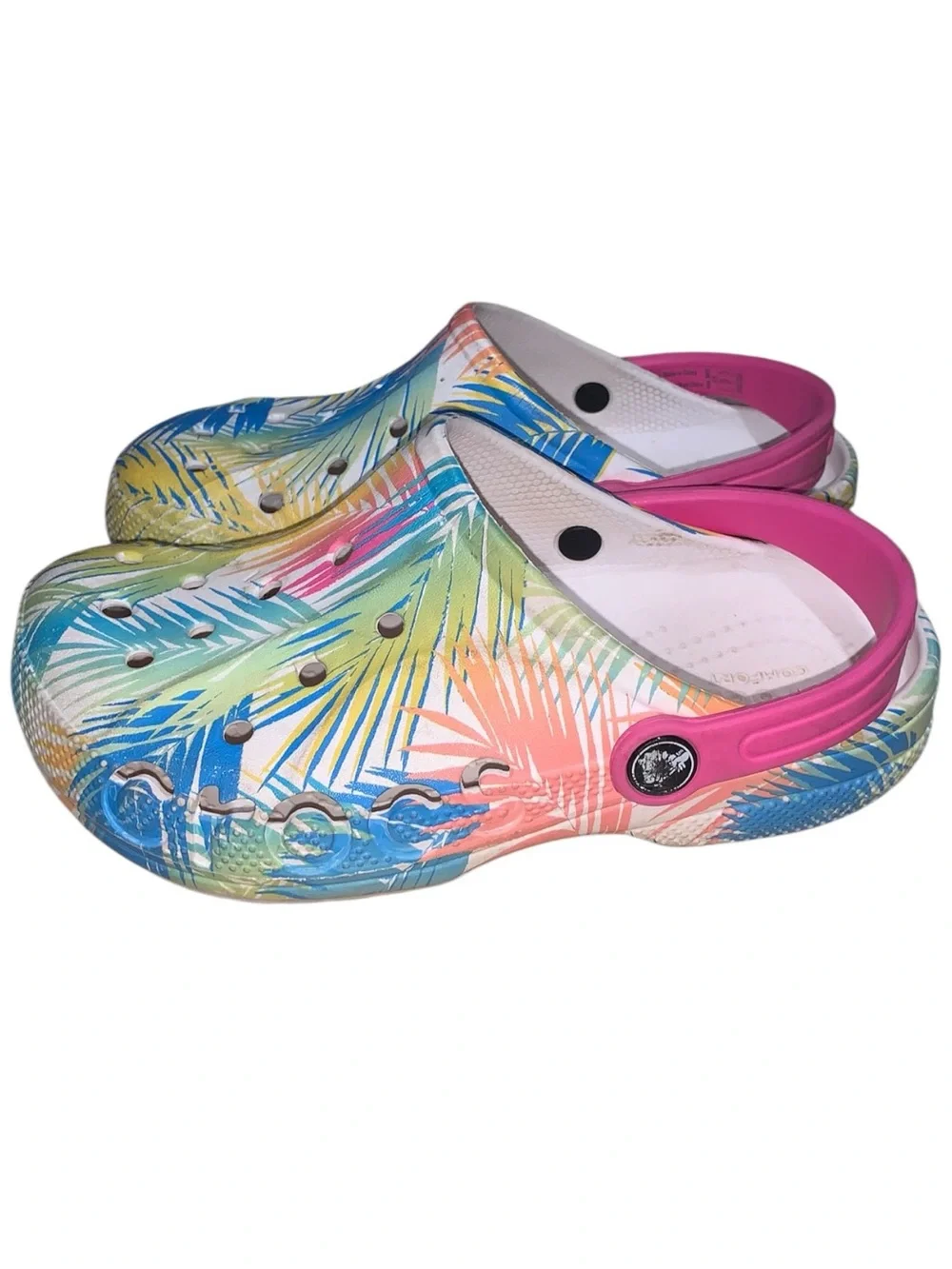 CROCS Kids Tropical Palm Print Clog Pink, Blue, Yellow Girls Size J2